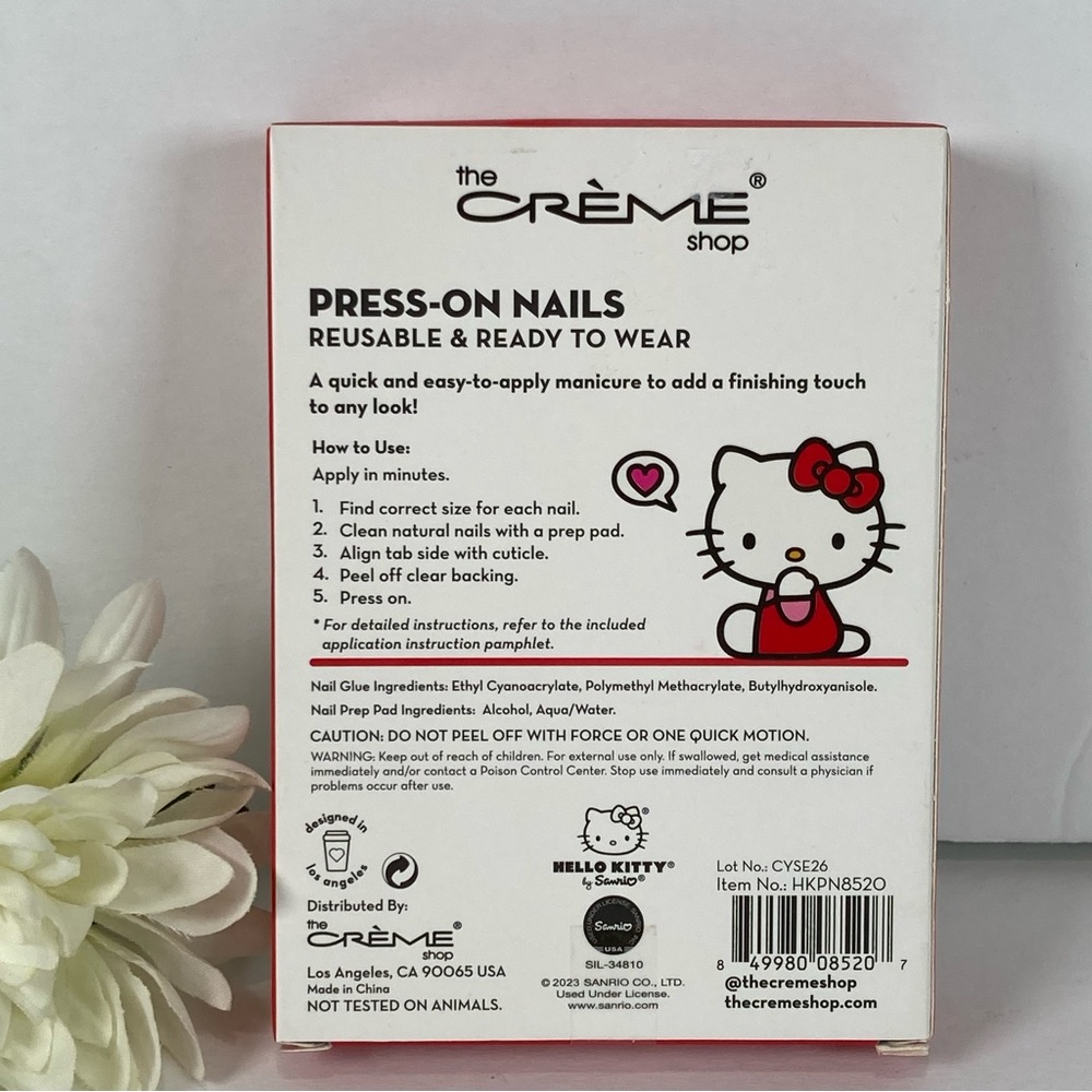 Hello Kitty xCrème Shop 24 Gel Effect Press On Nails Medium Almond Red White NEW - Picture 4 of 4